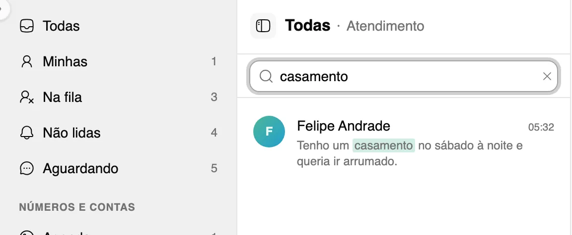 Busca nas mensagens com a palavra casamento e o resultado com o trecho marcado.