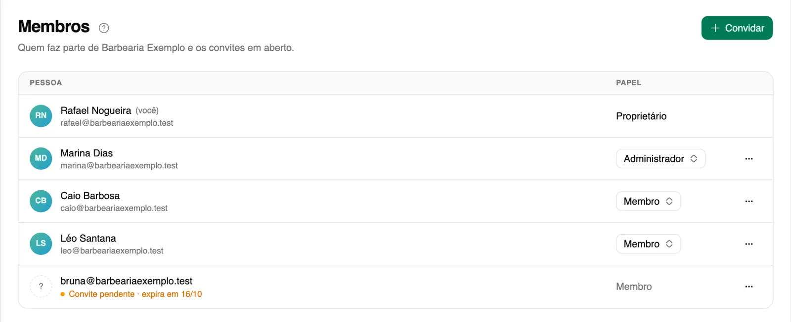 Lista de Membros com um convite pendente, com a data em que expira.
