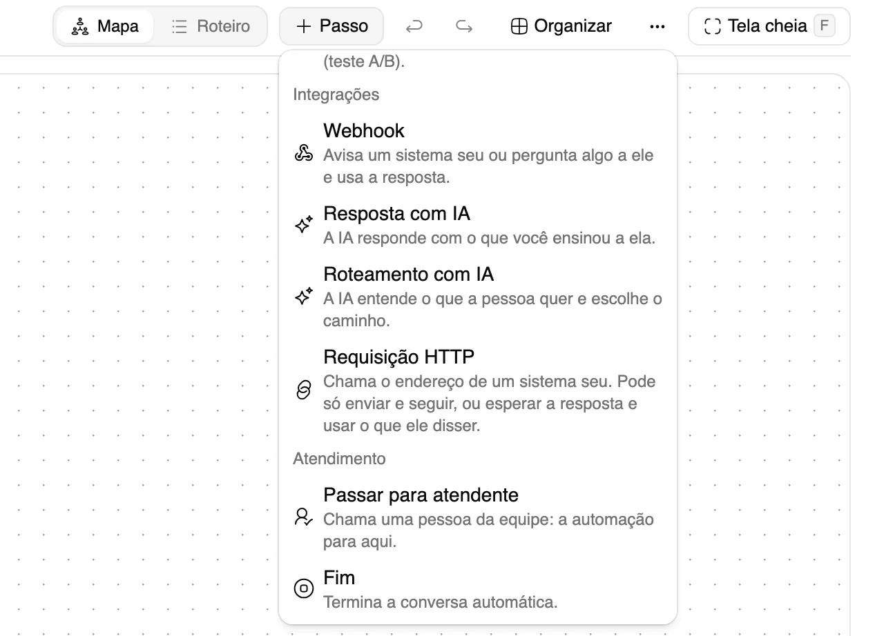 Paleta de passos do editor de Jornada com o grupo Atendimento e o bloco Passar para atendente.