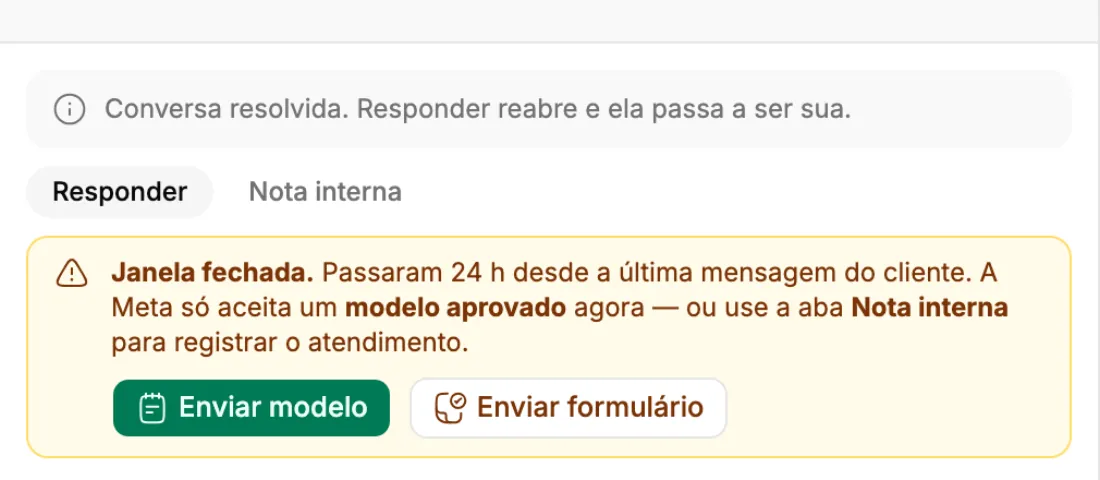 Fim de uma conversa com o aviso Janela fechada e os botões Enviar modelo e Enviar formulário.