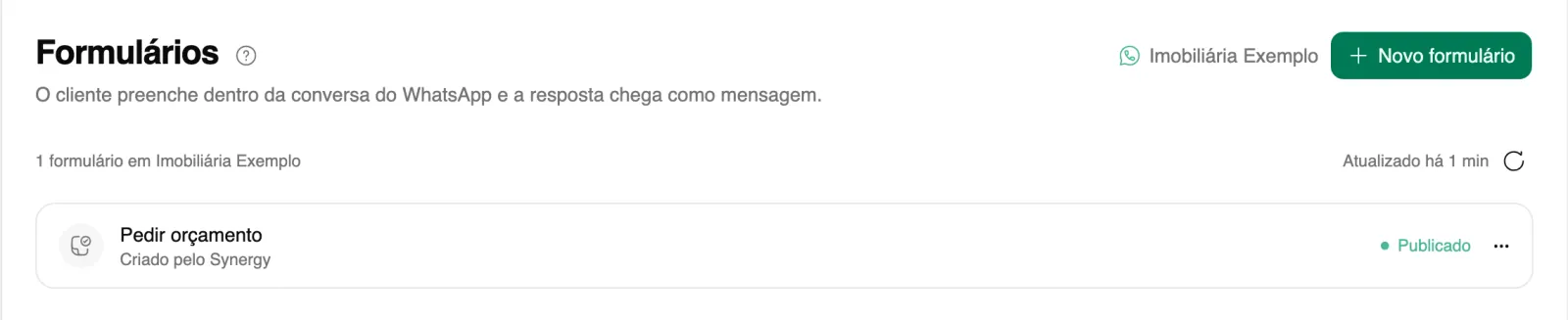 Lista de Formulários de uma conta, com o nome, a origem e a situação de cada formulário.