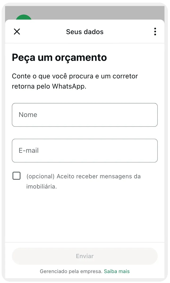 Formulário aberto na prévia de celular, com a primeira tela e seus campos.