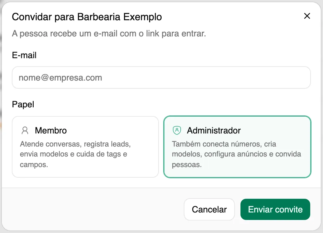 Diálogo de convite mostrando o que o Membro e o Administrador podem fazer.