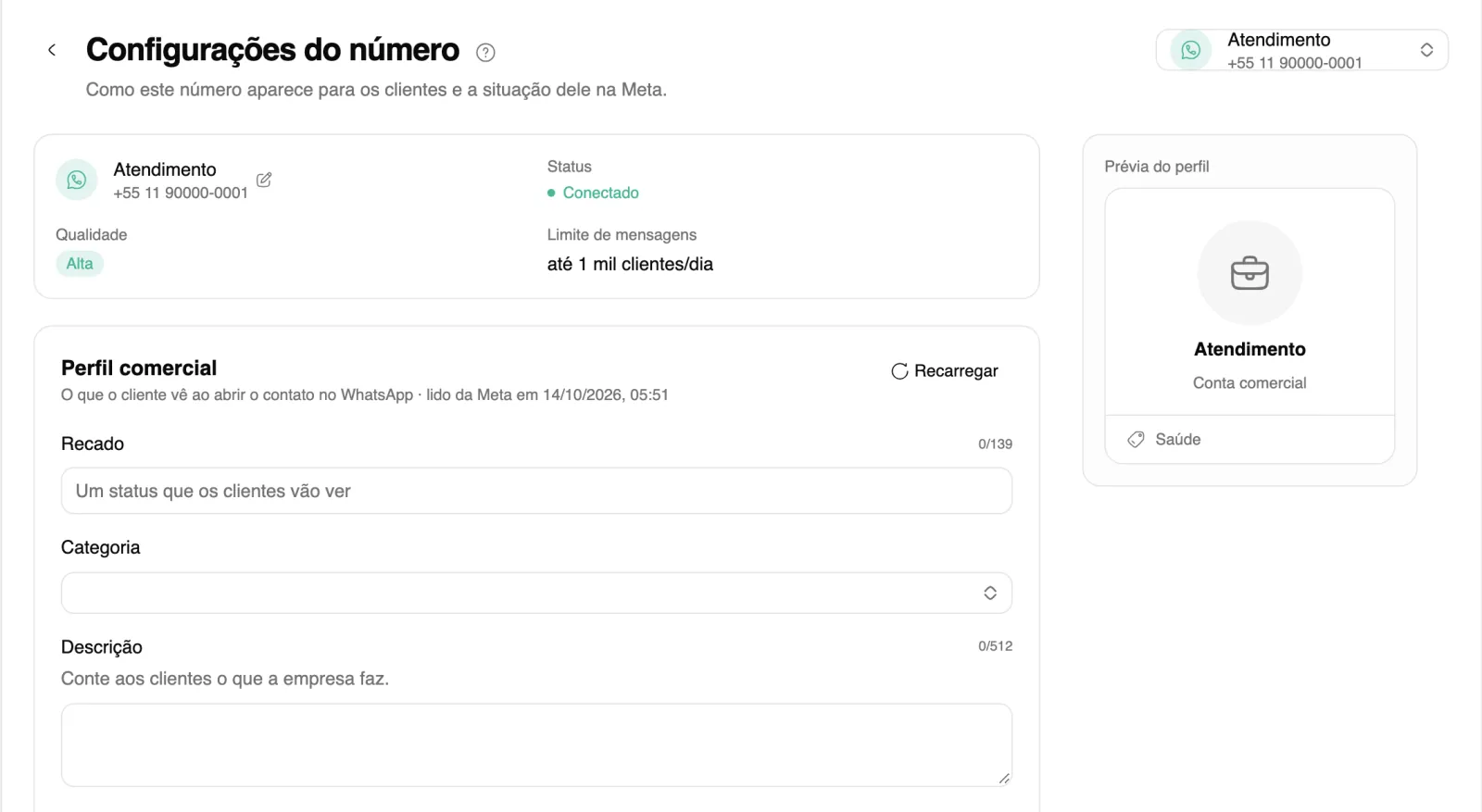 Configurações do número com o cartão Perfil comercial preenchido e a Prévia do perfil ao lado.
