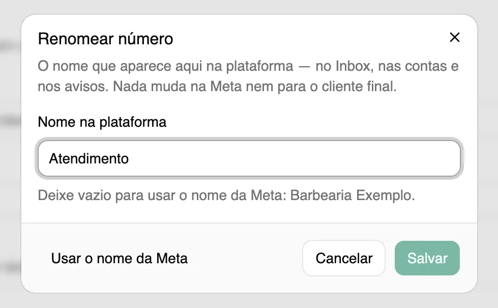 Diálogo Renomear número com o campo Nome na plataforma.