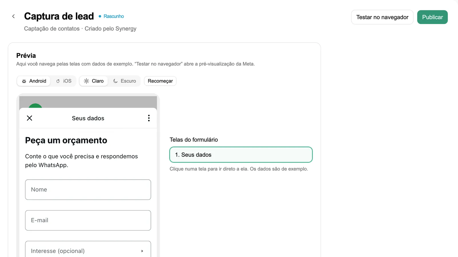 Cabeçalho do editor com os botões Testar no navegador e Publicar