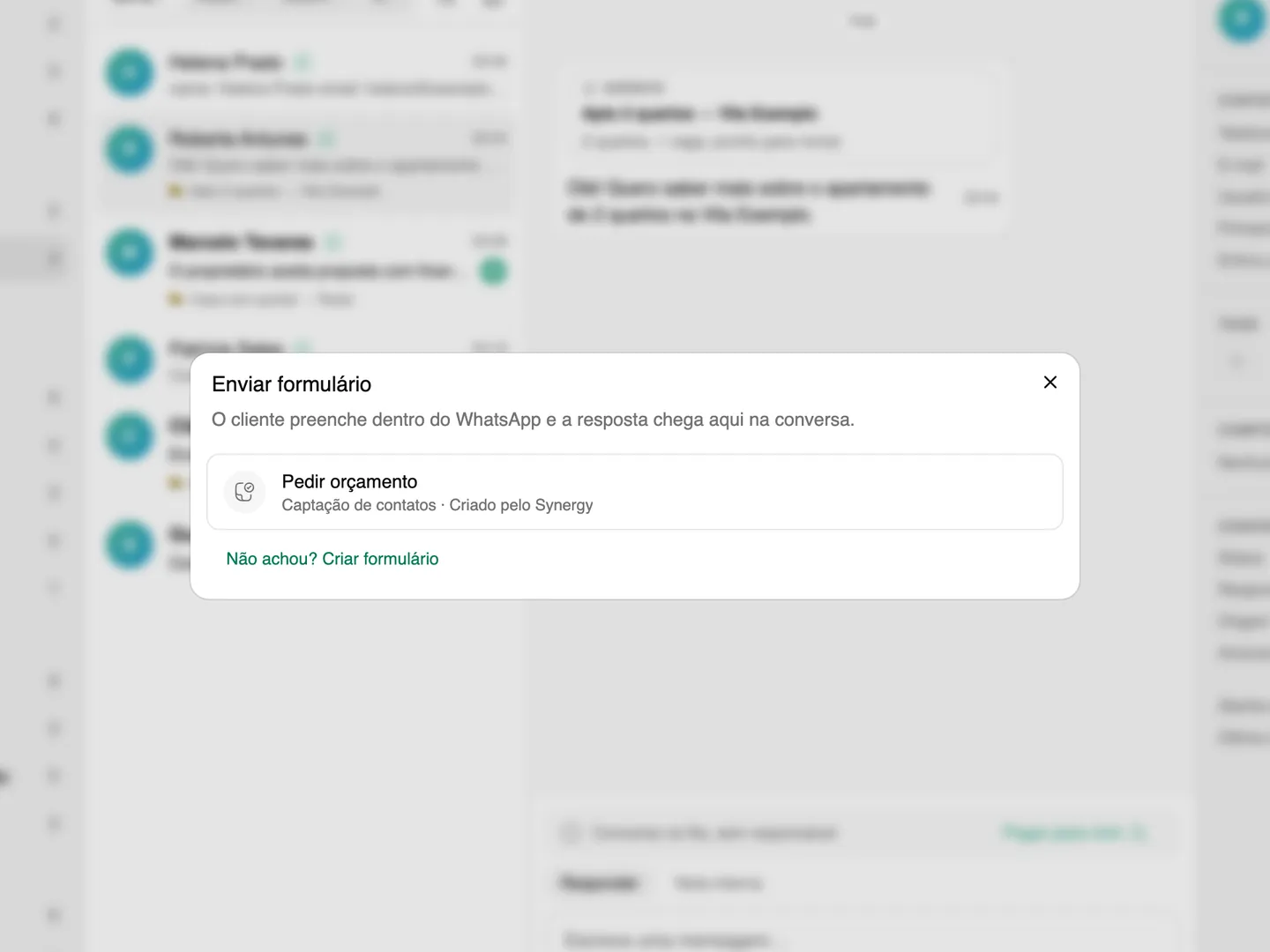 Conversa no inbox com o seletor de formulário aberto